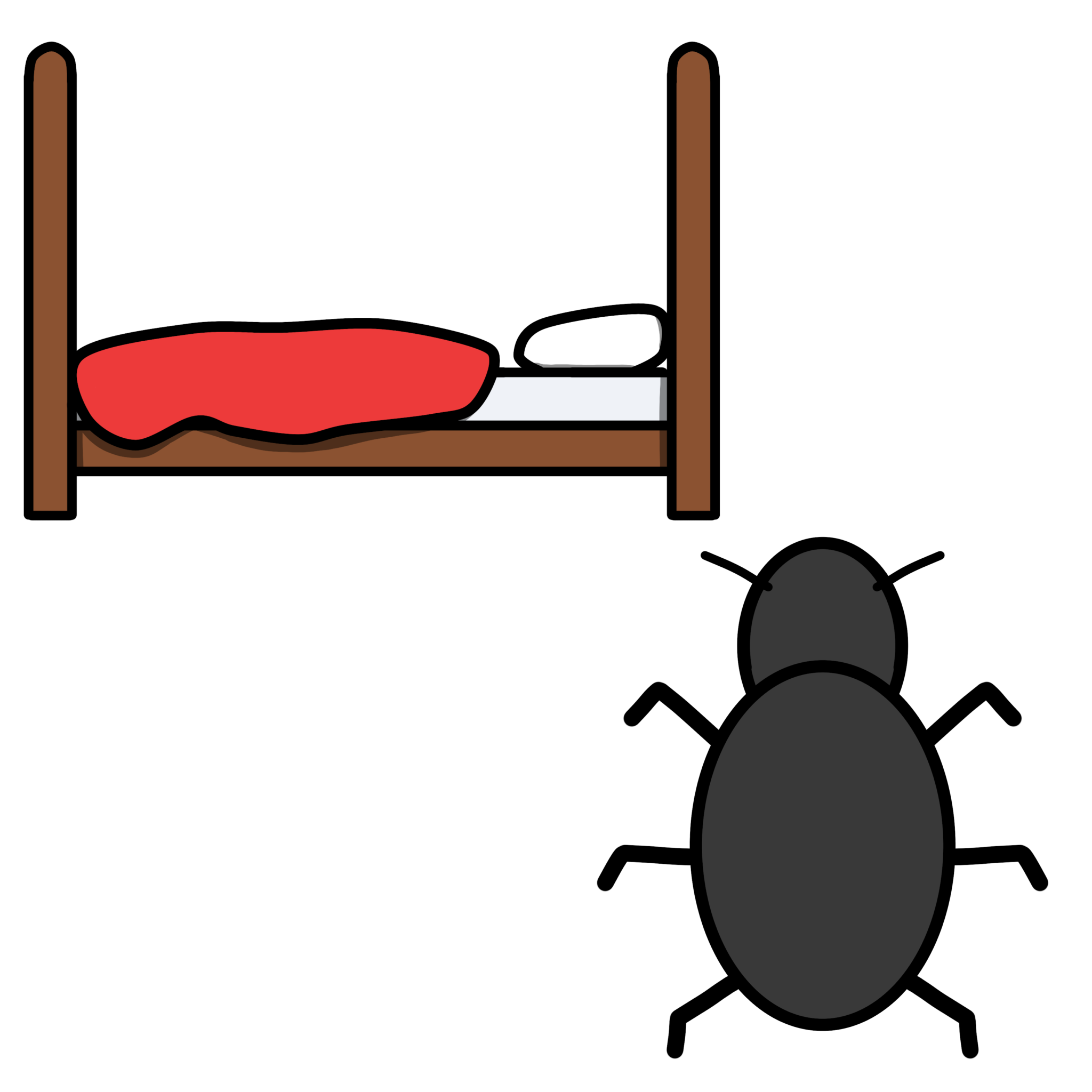 A clipart style drawing of a bed in the left corner with a low quality clipart style drawing of a bug